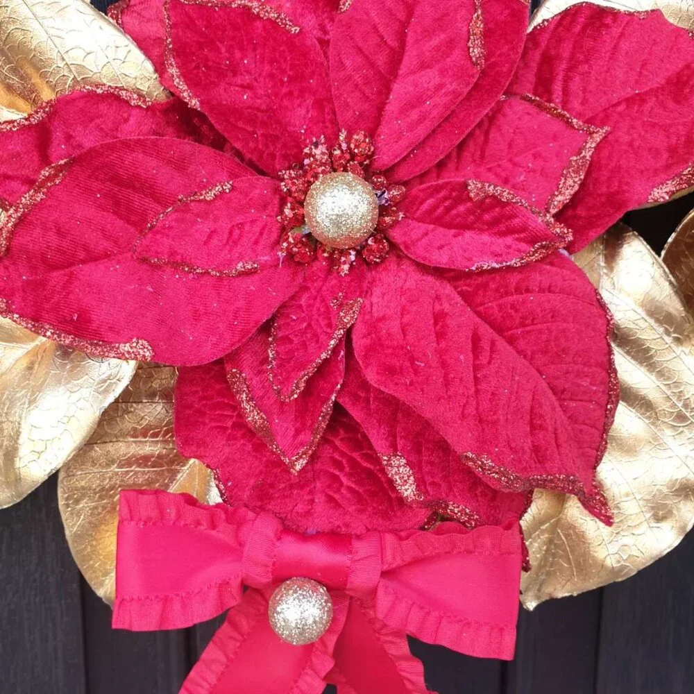 Christmas Handmade Red Flower Gold Wreath Home Office Decor Door Wall Hanger
